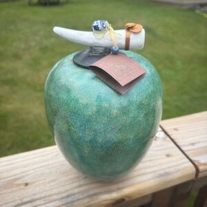 Jeremy Diller Raku Art Pottery Dream Catcher Jar w/Lid Green Blue Copper NWT.